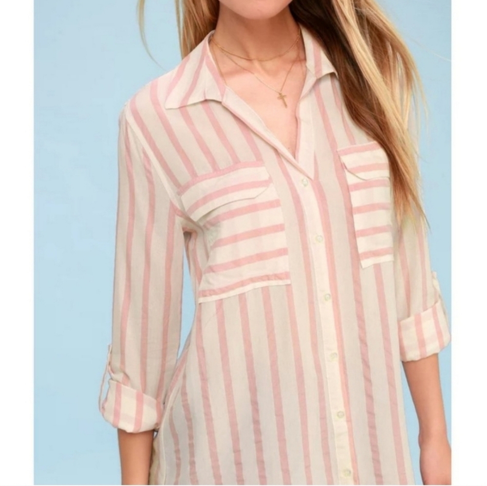 Lulus Pink and White Striped Button-Up Shirt Size Small